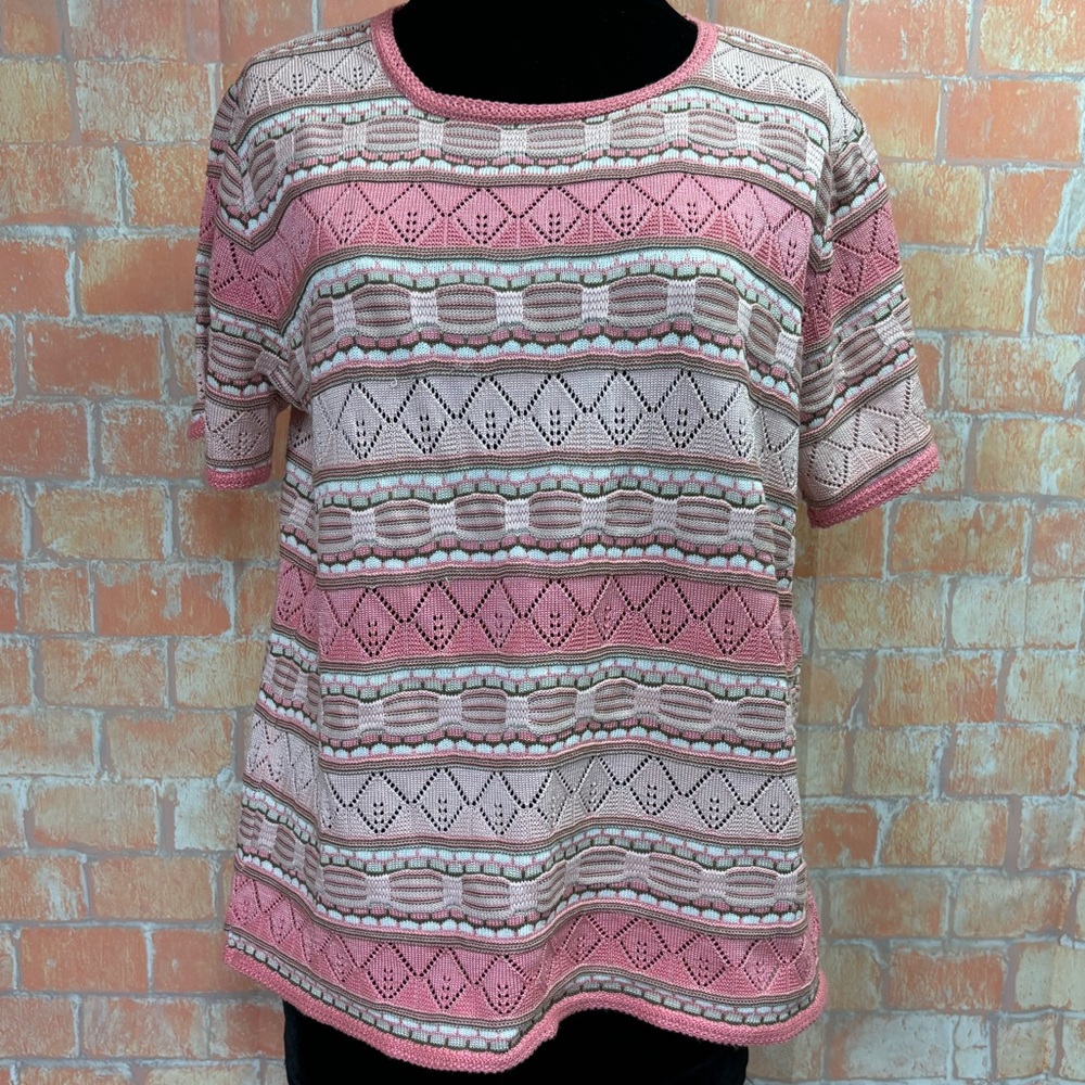 Alfred Dunner Pointelle Striped Short Sleeve Sweater